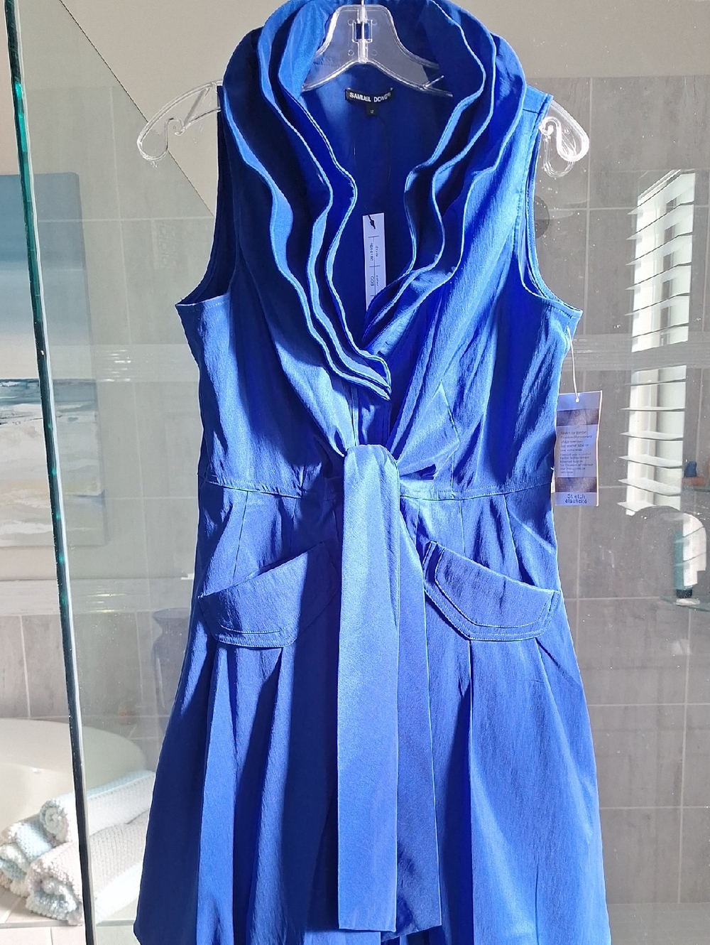 Blue Sleeveless Ruffle Tie-Front Dress